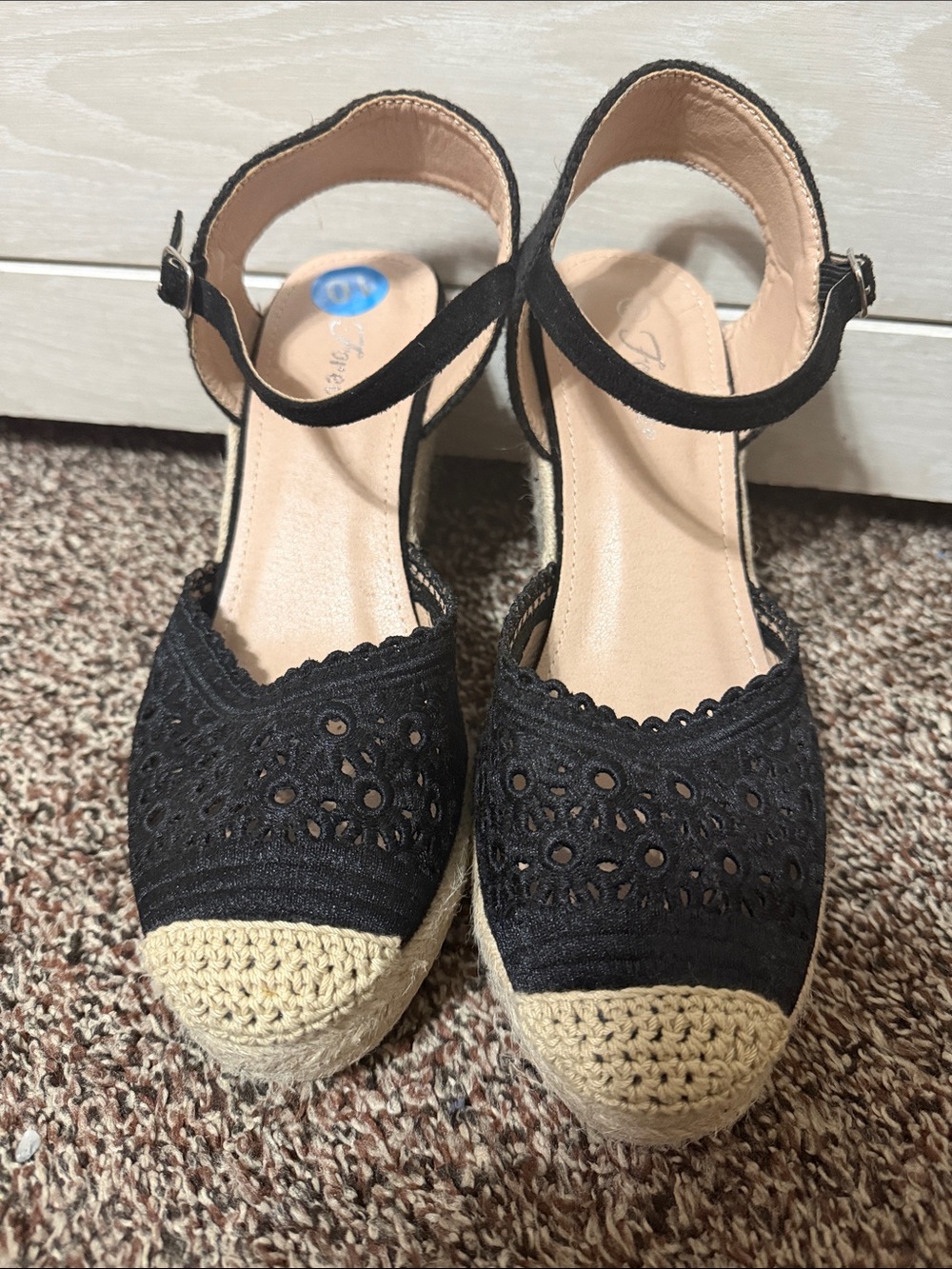 Black Crochet Espadrille Wedges with Natural Jute Toe